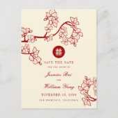 Red Peach bloesems Dubbel geluk sparen de datum Aankondigingskaart (Voorkant)