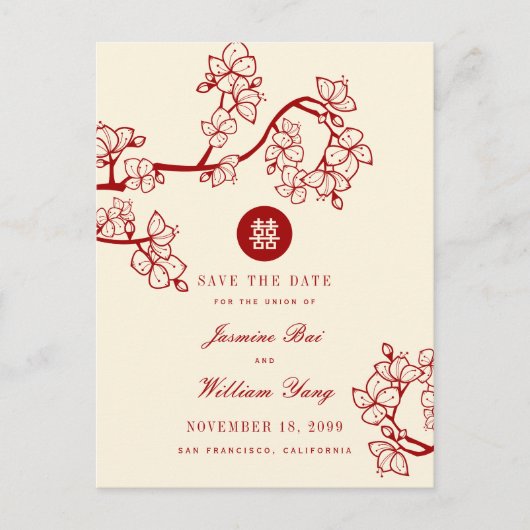 Red Peach bloesems Dubbel geluk sparen de datum Aankondigingskaart (Voorkant)