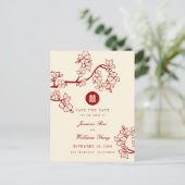 Red Peach bloesems Dubbel geluk sparen de datum Aankondigingskaart (Staand voorkant)