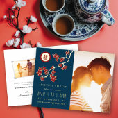 Red Peach Blossoms Double Xi Photo Save The Date Folie Uitnodiging Briefkaart
