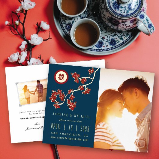 Red Peach Blossoms Double Xi Photo Save The Date Folie Uitnodiging Briefkaart