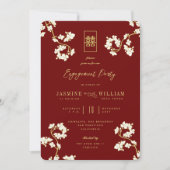 Red Peach/Plum Blossom Chic Floral Asian Wedding Kaart (Voorkant)