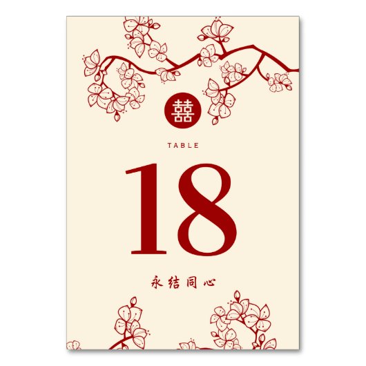 Red Peach/Plum Blossom Double Happiness Wedding Kaart (Achterkant)
