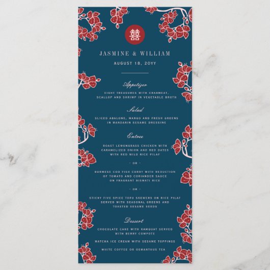 Red Peach/Plum Blossom Double Happiness Wedding Menu (Voorkant)