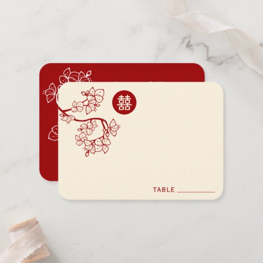 Red Peach/Plum Blossom Double Happiness Wedding Plaatskaartje (Voorkant / Achterkant in situ)