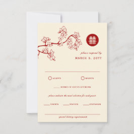Red Peach/Plum Blossom Double Happiness Wedding RSVP Kaartje