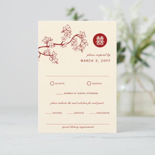 Red Peach/Plum Blossom Double Happiness Wedding RSVP Kaartje (Staand voorkant)