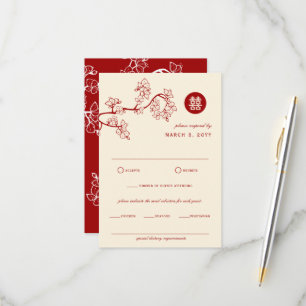 Red Peach/Plum Blossom Double Happiness Wedding RSVP Kaartje