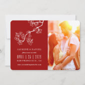 Red Peach/Plum Blossom Flowers Asian Weduwfoto Save The Date (Voorkant)