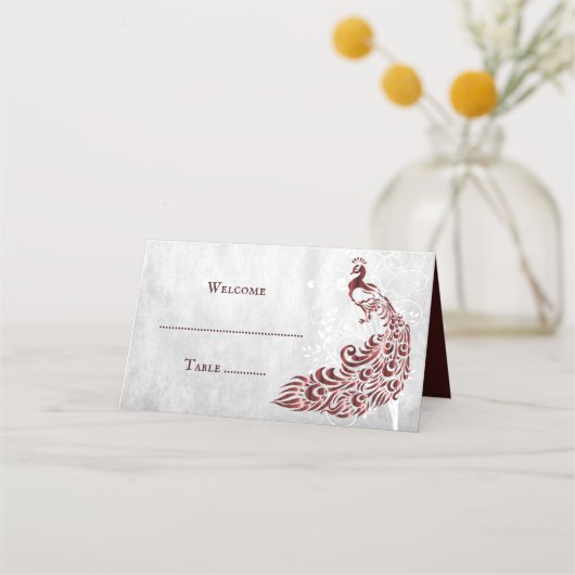 Red Peacock Leaf Vine Reception Place Card Plaatskaartje (Voorkant)