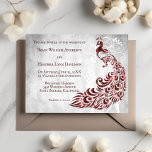 Red Peacock Leaf Vine Wedding Invitation Kaart<br><div class="desc">Nodig gasten uit voor uw aanstaande bruiloft met een Red Peacock Leaf Vine Wedding Invitation. Het uitnodigingsontwerp beschikt over een lichtgrijze grunge-achtergrond met een levendige rode pauw met een verfraaiing van de bladwijnstok. Personaliseer met de namen van de bruidegom en de bruid, samen met de trouwdatum en locatie. Extra bruiloft...</div>