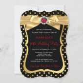 Red Pearl Gold Bow Black Polka Dot Birthday Party Kaart (Voorkant)