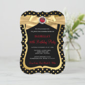 Red Pearl Gold Bow Black Polka Dot Birthday Party Kaart (Staand voorkant)