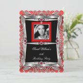 Red Pearls Birthday Party Black Silver Foto B Kaart (Staand voorkant)