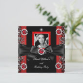 Red Pearls Birthday Party Black Silver Foto Kaart (Staand voorkant)