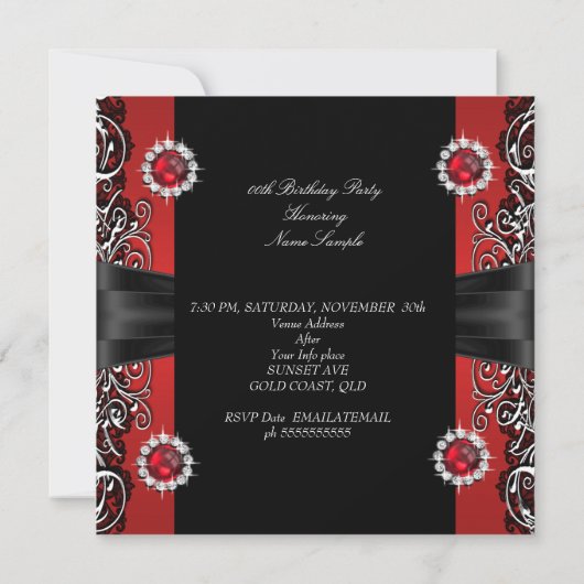 Red Pearls Birthday Party Black Silver Foto Kaart (Achterkant)