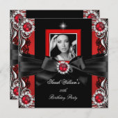 Red Pearls Birthday Party Black Silver Photo 2 Kaart (Voorkant / Achterkant)