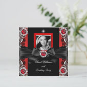 Red Pearls Birthday Party Black Silver Photo 2 Kaart (Staand voorkant)