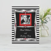 Red Pearls Birthday Party Black White Stripe foto Kaart (Staand voorkant)