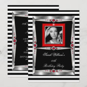 Red Pearls Birthday Party Black White Stripe foto Kaart (Voorkant / Achterkant)