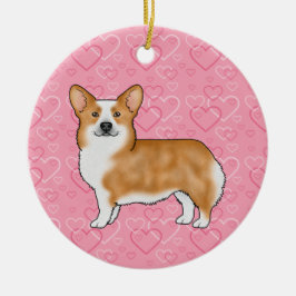 Red Pembroke Welsh Corgi op Pink Hearts met naam Keramisch Ornament
