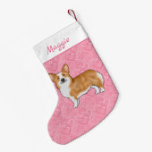 Red Pembroke Welsh Corgi op Pink Hearts met naam Kleine Kerstsok (Achterkant (Hangend))