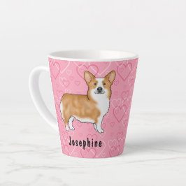Red Pembroke Welsh Corgi op Pink Hearts met naam Latte Mok