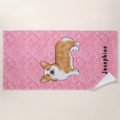 Red Pembroke Welsh Corgi op Pink Hearts met naam Strandlaken (Voorkant)
