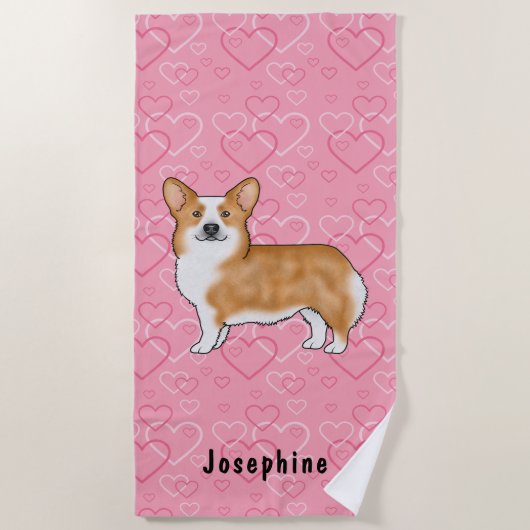 Red Pembroke Welsh Corgi op Pink Hearts met naam Strandlaken (Voorkant)