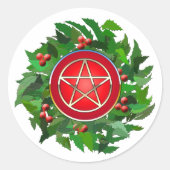 Red Pentacle on Holly Wreath Ronde Sticker (Voorkant)