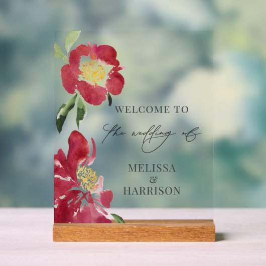 Red Peonies bruiloft welkom Acryl Bord (Neutraal)