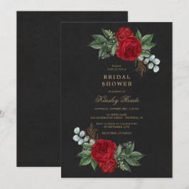Red Peonies Waterverf Black Gold Vrijgezellenfeest Kaart
