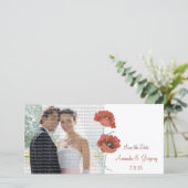 Red Peonies Wedding Save the Date Photo Cards (Staand voorkant)
