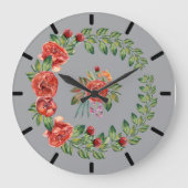 Red Peonies Wreath Clock Grote Klok (Voorkant)
