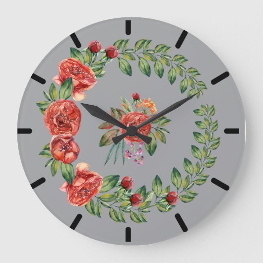 Red Peonies Wreath Clock Grote Klok (Voorkant)