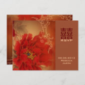 Red Peony Double Happines Chinese bruiloft RSVP Uitnodiging Briefkaart (Voorkant / Achterkant)