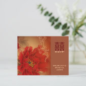 Red Peony Double Happines Chinese bruiloft RSVP Uitnodiging Briefkaart (Staand voorkant)
