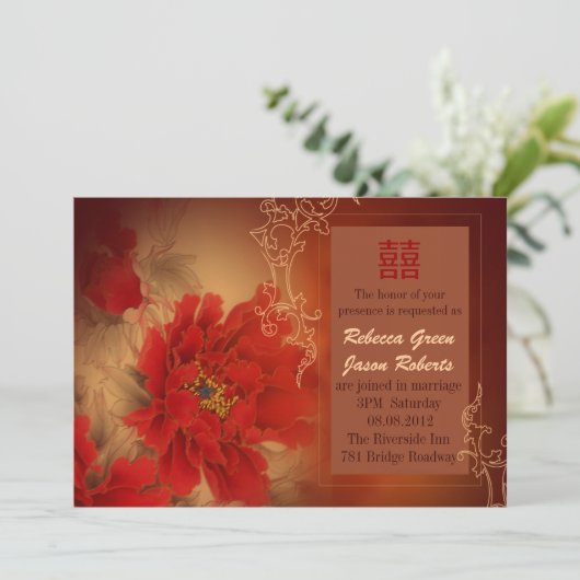 Red Peony Double Happiness Chinese bruiloft Kaart (Staand voorkant)