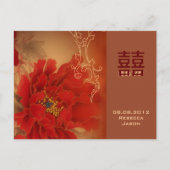 Red Peony Double Happiness Chinese bruiloft RSVP Uitnodiging Briefkaart (Voorkant)