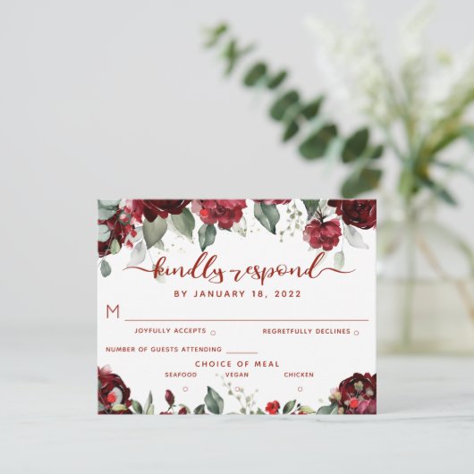 Red Peony Epiphany RSVP Kindly Resplat Briefkaart (Staand voorkant)