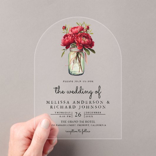 Red Peony Floral Mason Jar Wedding Acryl Uitnodigingen (Insitu (Draagbaar))