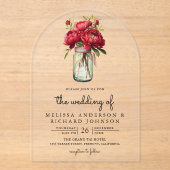 Red Peony Floral Mason Jar Wedding Acryl Uitnodigingen (Voorkant)
