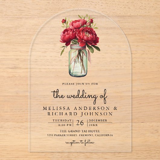 Red Peony Floral Mason Jar Wedding Acryl Uitnodigingen (Voorkant)