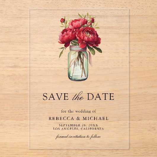 Red Peony Floral Mason Jar Wedding Save the Date Acryl Uitnodigingen (Voorkant)