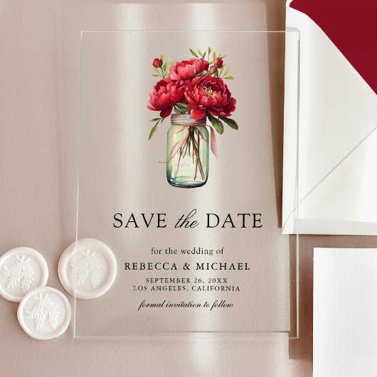 Red Peony Floral Mason Jar Wedding Save the Date Acryl Uitnodigingen