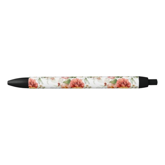 Red Peony Flower Bouquet Pattern Zwarte Inkt Pen (Voorkant)