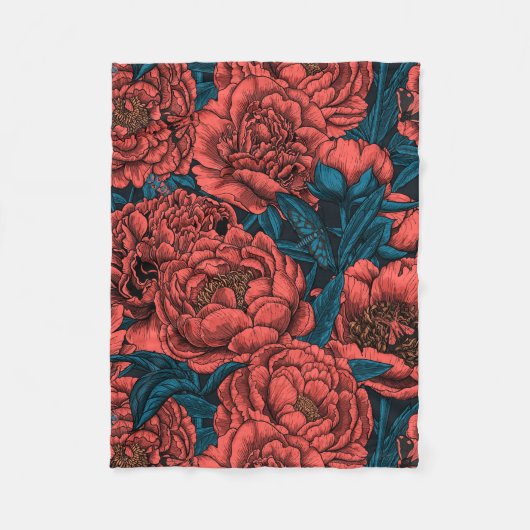 Red peony flowers and moths fleece deken (Voorkant)