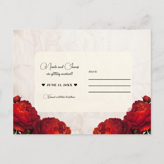 Red Peony Flowers Save the Date Aankondigingskaart (Achterkant)