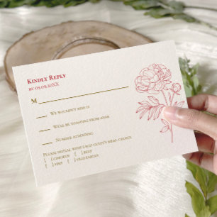 Red Peony Line tekenen bruiloft uitnodiging, RSVP Kaartje