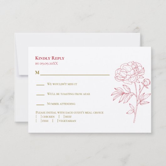 Red Peony Line tekenen bruiloft uitnodiging, RSVP Kaartje (Voorkant)